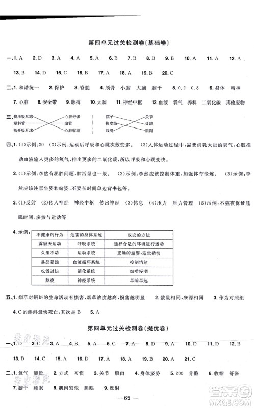 江西教育出版社2021阳光同学一线名师全优好卷五年级科学上册JK教科版答案