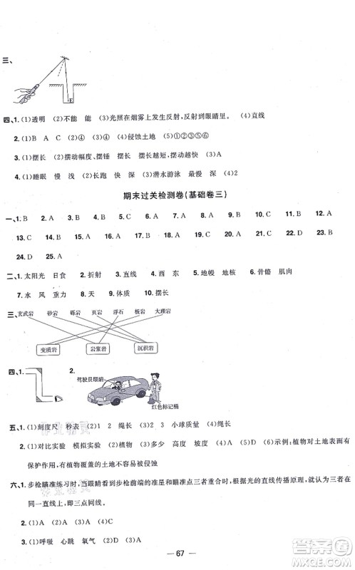江西教育出版社2021阳光同学一线名师全优好卷五年级科学上册JK教科版答案