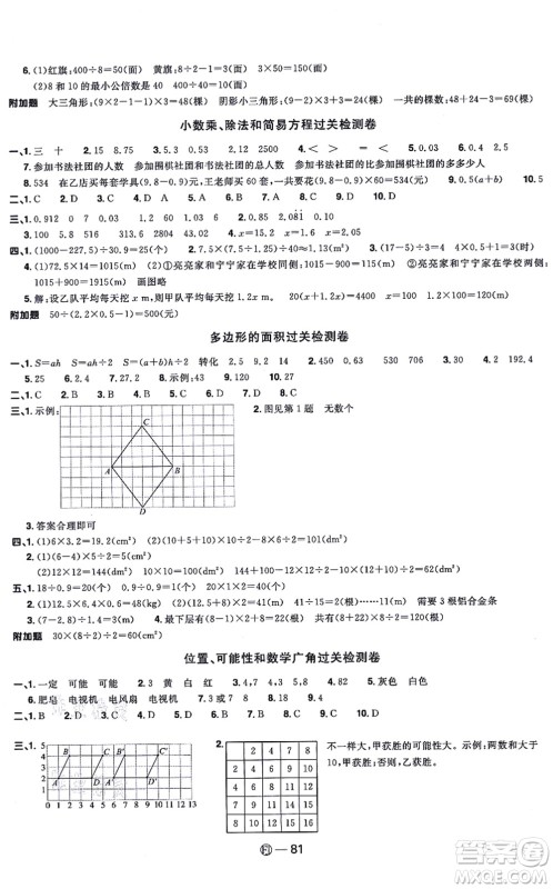 福建少年儿童出版社2021阳光同学一线名师全优好卷五年级数学上册RJ人教版福建专版答案