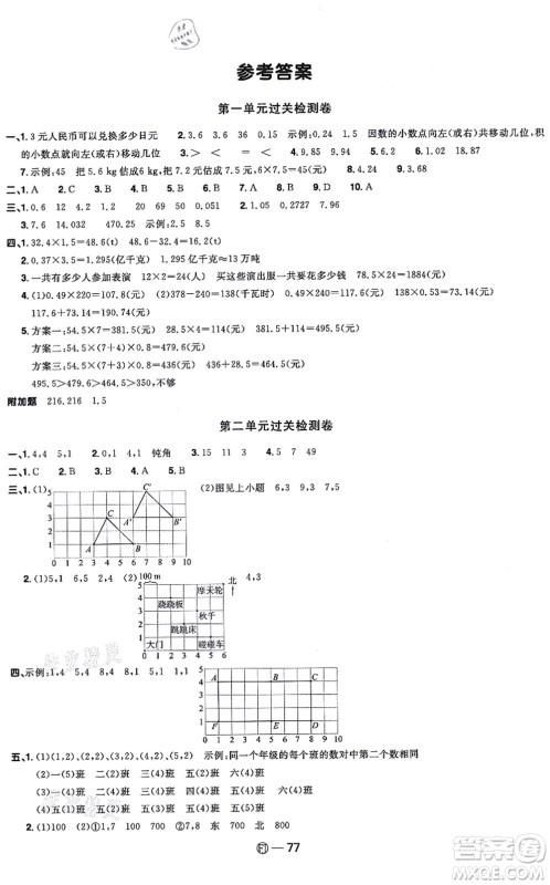 福建少年儿童出版社2021阳光同学一线名师全优好卷五年级数学上册RJ人教版福建专版答案