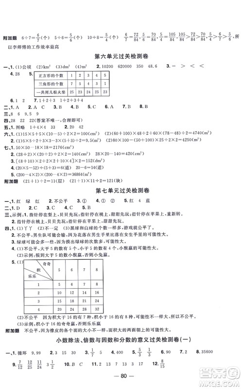 江西教育出版社2021阳光同学一线名师全优好卷五年级数学上册BS北师版福建专版答案