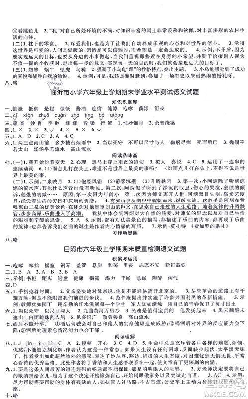 江西教育出版社2021阳光同学一线名师全优好卷六年级语文上册RJ人教版山东专版答案
