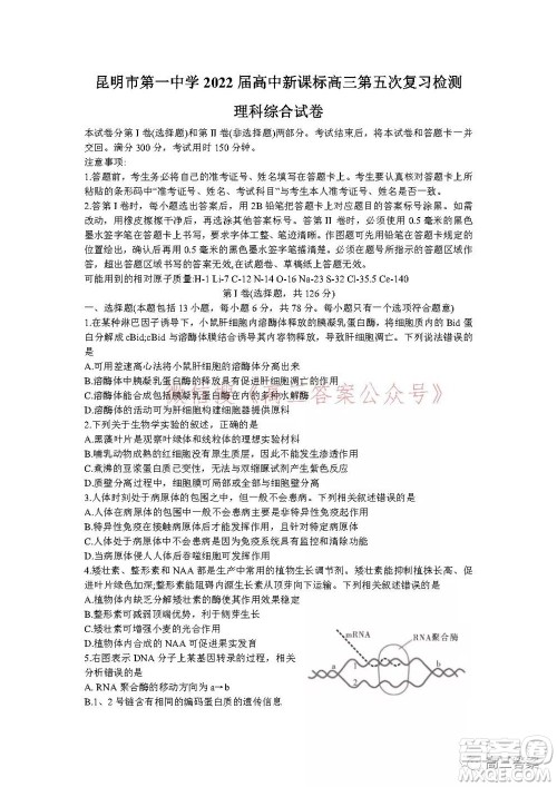 昆明市第一中学2022届高中新课标高三第五次二轮复习检测理科综合试卷及答案