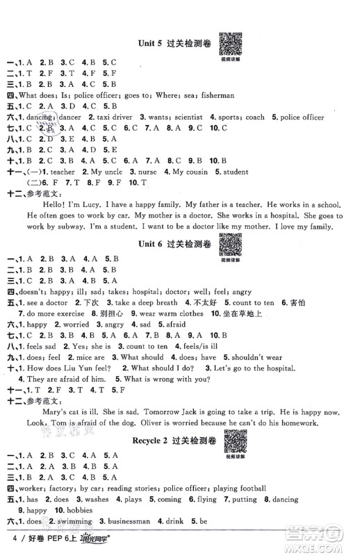 江西教育出版社2021阳光同学一线名师全优好卷六年级英语上册PEP版答案