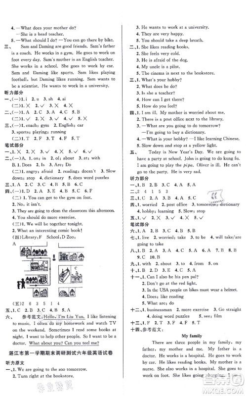 江西教育出版社2021阳光同学一线名师全优好卷六年级英语上册PEP版答案