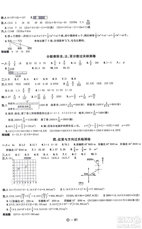 福建少年儿童出版社2021阳光同学一线名师全优好卷六年级数学上册RJ人教版福建专版答案
