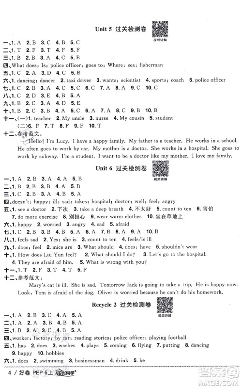 江西教育出版社2021阳光同学一线名师全优好卷六年级英语上册PEP版山东专版答案
