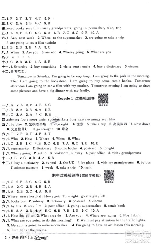 江西教育出版社2021阳光同学一线名师全优好卷六年级英语上册PEP版山东专版答案