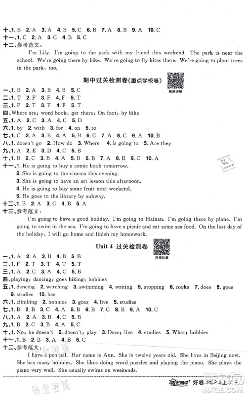 江西教育出版社2021阳光同学一线名师全优好卷六年级英语上册PEP版山东专版答案