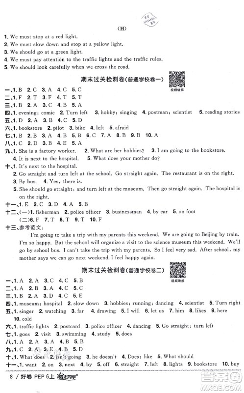 江西教育出版社2021阳光同学一线名师全优好卷六年级英语上册PEP版山东专版答案
