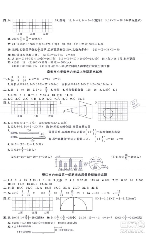 江西教育出版社2021阳光同学一线名师全优好卷六年级数学上册BS北师版福建专版答案