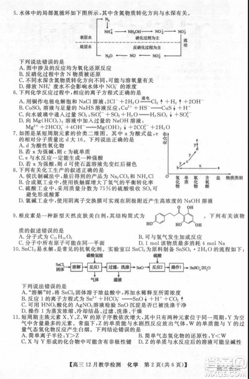 新视界高考联盟2022届高三12月教学检测化学试题及答案 新视界高考联盟2022届高三12月教学检测化学试题及答案