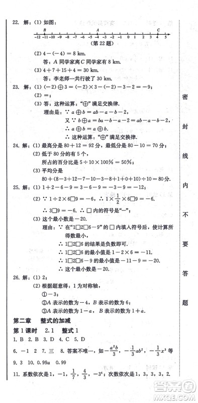 北方妇女儿童出版社2021同步优化测试一卷通七年级数学上册人教版答案