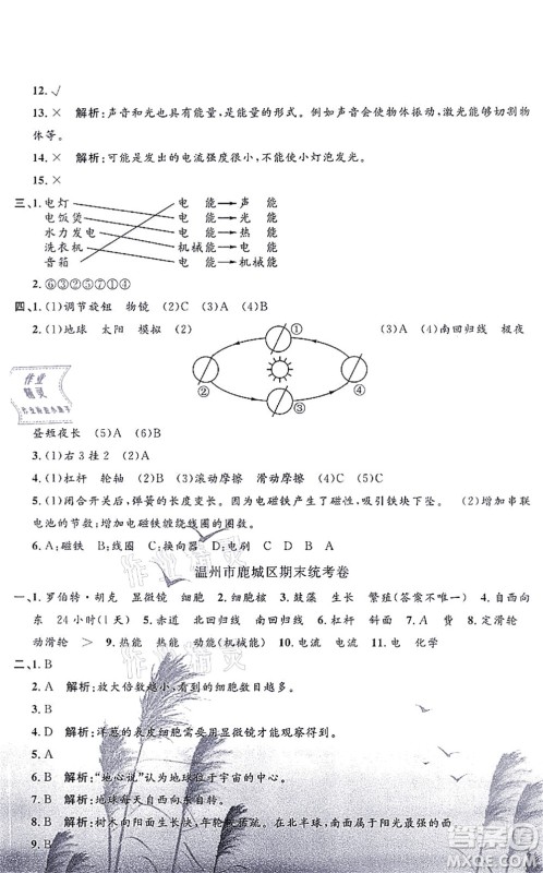 浙江工商大学出版社2021孟建平各地期末试卷精选六年级科学上册J教科版答案