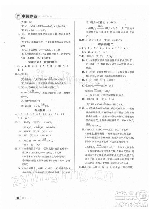 北京教育出版社2022年寒假作业九年级化学通用版参考答案