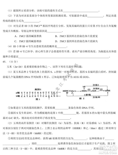 东北师大附中2019级高三年级第三次摸底考试生物试卷及答案