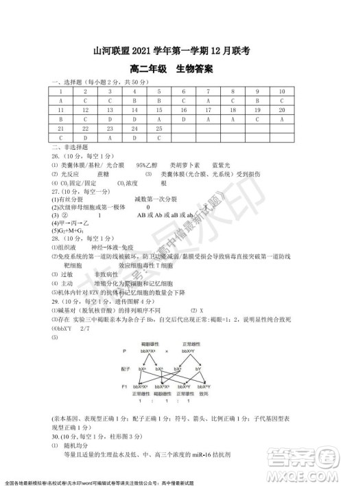 2021年浙江山河联盟高二上学期12月联考生物试题及答案