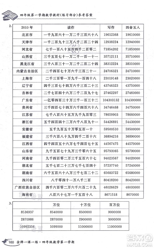 中西书局2021我能考第一金牌一课一练四年级数学上册沪教版五四学制答案