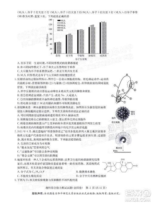 华大新高考联盟2022届高三1月教学质量测评理科综合试题及答案