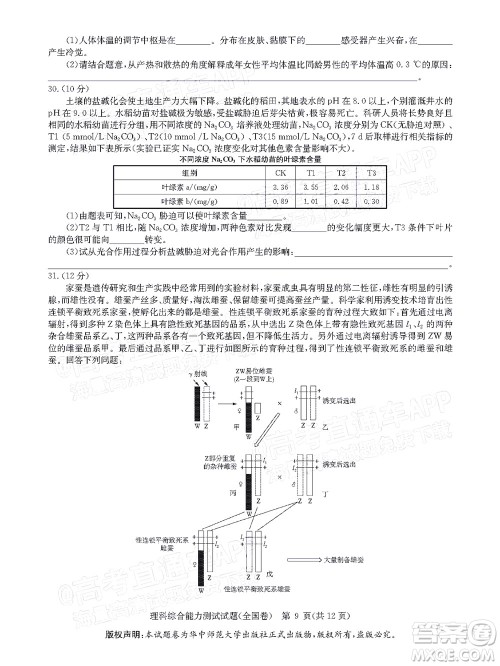 华大新高考联盟2022届高三1月教学质量测评理科综合试题及答案