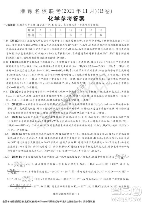 2022年1月湘豫名校联考高三理科综合试题及答案