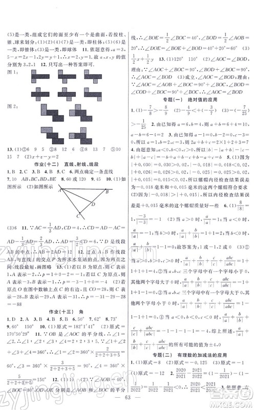 新疆青少年出版社2022寒假作业七年级数学人教版答案