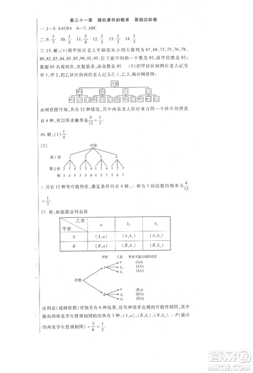 新疆文化出版社2021华夏一卷通九年级数学冀教版参考答案