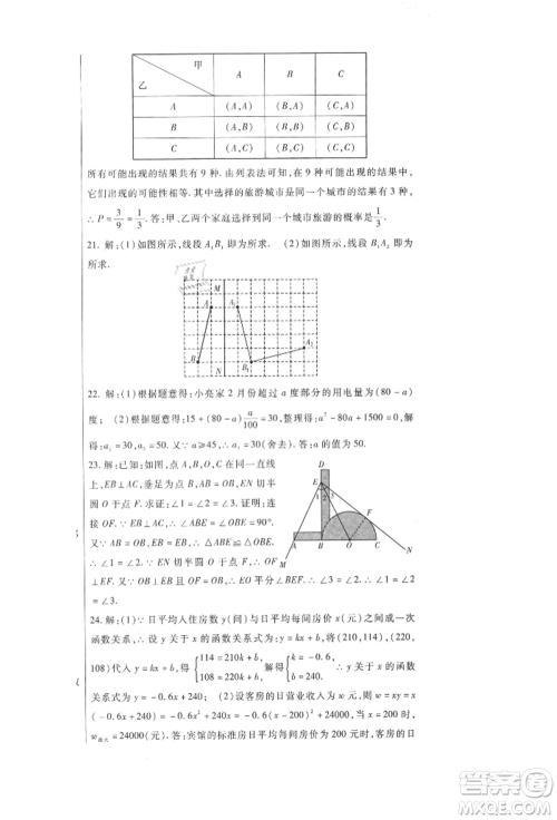 新疆文化出版社2021华夏一卷通九年级数学人教版参考答案