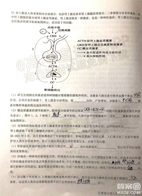 江西省五市九校协作体2022届高三第一次联考生物试卷及答案