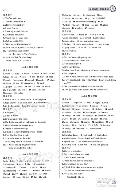 江西人民出版社2021王朝霞各地期末试卷精选七年级英语上册RJ人教版河南专版答案