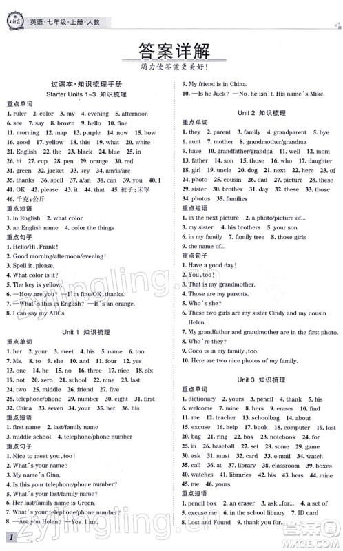 江西人民出版社2021王朝霞各地期末试卷精选七年级英语上册RJ人教版河南专版答案