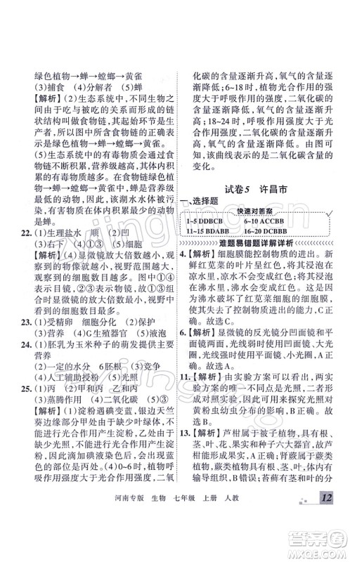 江西人民出版社2021王朝霞各地期末试卷精选七年级生物上册RJ人教版河南专版答案