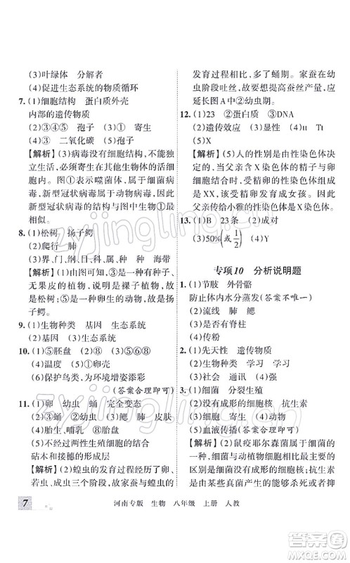 江西人民出版社2021王朝霞各地期末试卷精选八年级生物上册RJ人教版河南专版答案