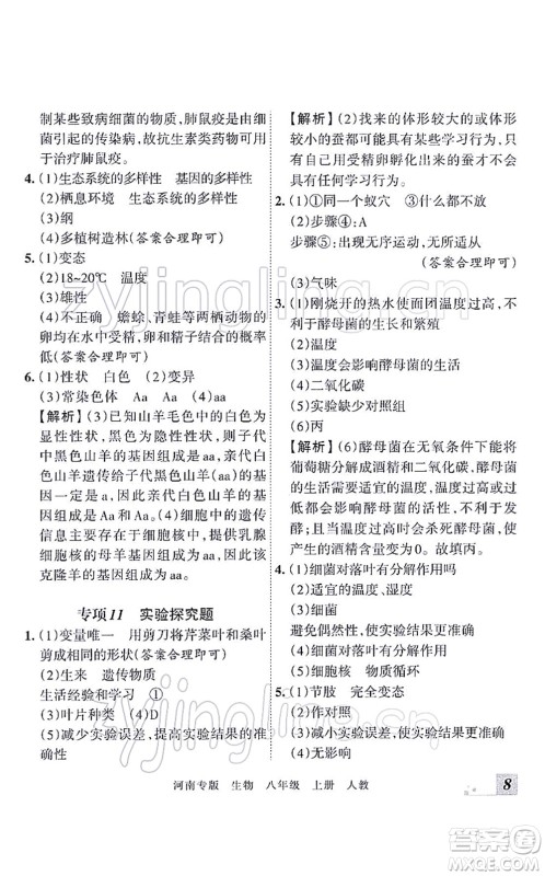 江西人民出版社2021王朝霞各地期末试卷精选八年级生物上册RJ人教版河南专版答案