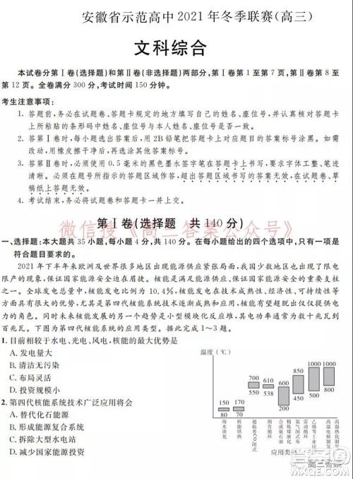 安徽省示范高中2021年冬季联赛高三文科综合试题及答案 安徽省示范高中2021年冬季联赛高三文科综合试题及答案