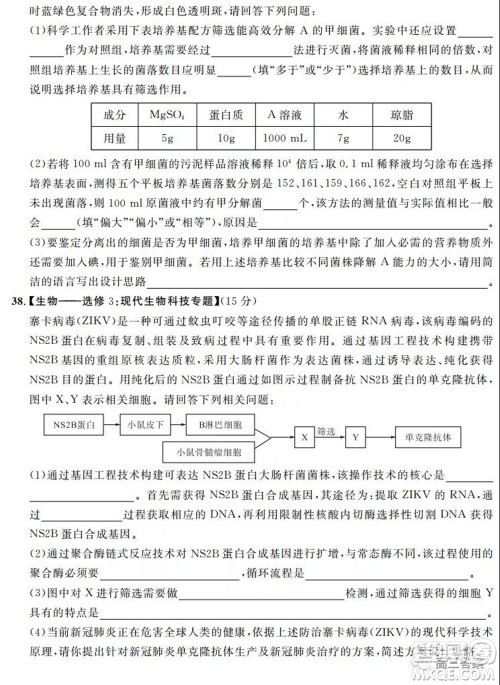 安徽省示范高中2021年冬季联赛高三理科综合试题及答案