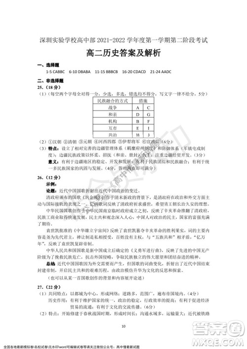 深圳实验学校高中部2021-2022学年度第一学期第二阶段考试高二历史试题及答案