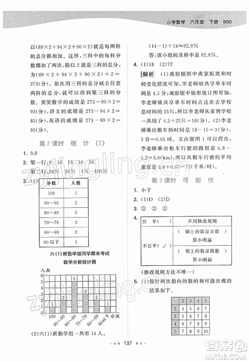 教育科学出版社2022春季53天天练六年级数学下册BSD北师大版答案