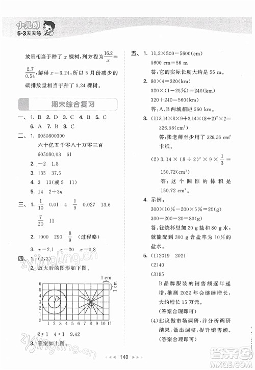 教育科学出版社2022春季53天天练六年级数学下册BSD北师大版答案