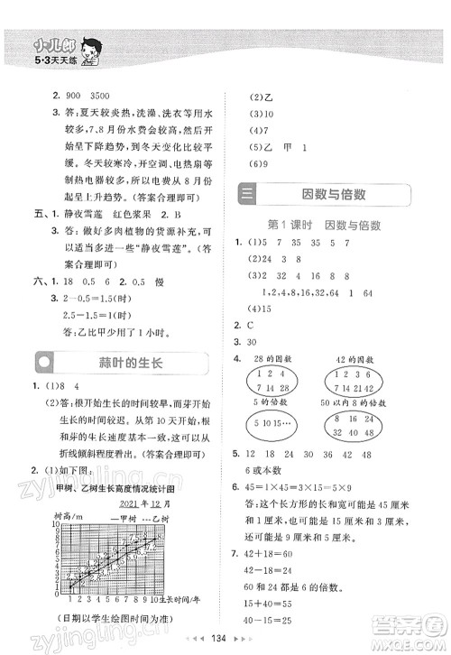 教育科学出版社2022春季53天天练五年级数学下册SJ苏教版答案