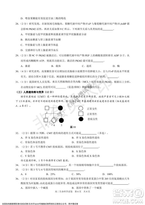 上海黄浦区2021学年度第一学期高三年级期终调研测试生命科学试题及答案