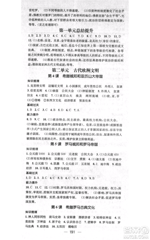 广东经济出版社2021名师测控九年级历史人教版云南专版参考答案