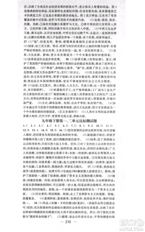 广东经济出版社2021名师测控九年级历史人教版云南专版参考答案