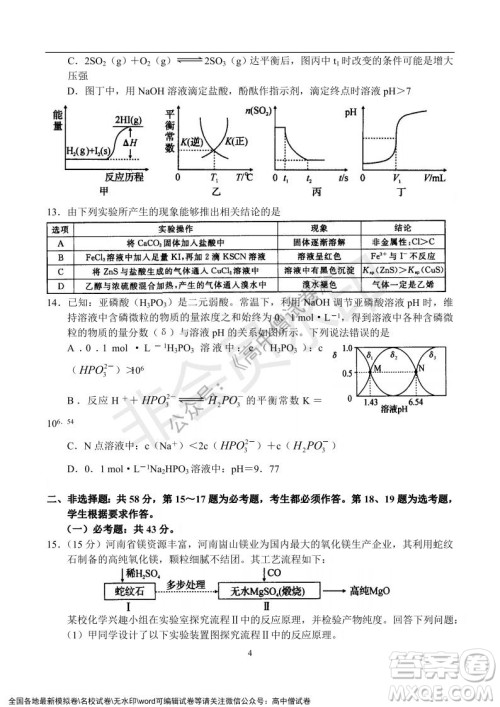 河南省名校联盟2021-2022学年高三年级1月联合考试化学试题及答案