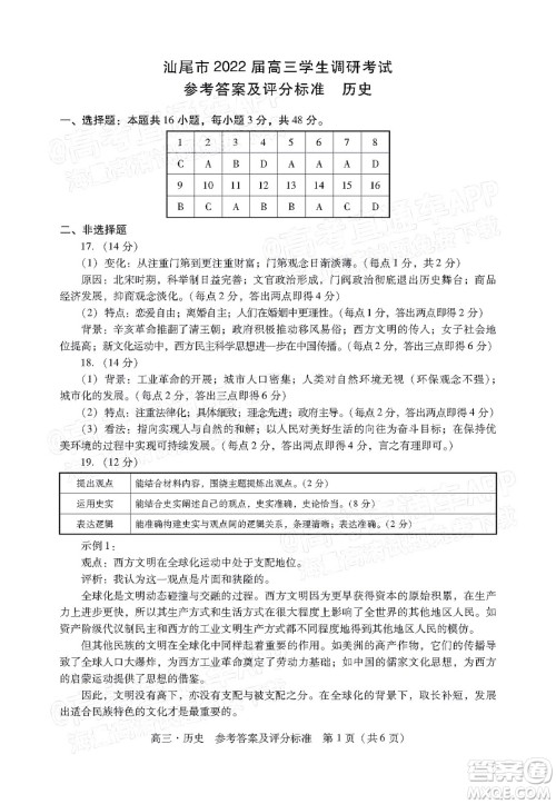汕尾市2022届高三学生调研考试历史试题及答案