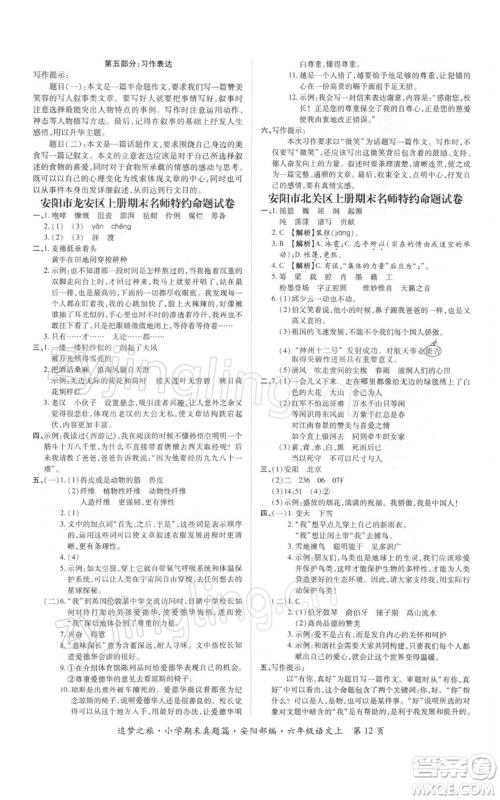 天津科学技术出版社2021追梦之旅小学期末真题篇六年级语文上册人教版安阳专版参考答案