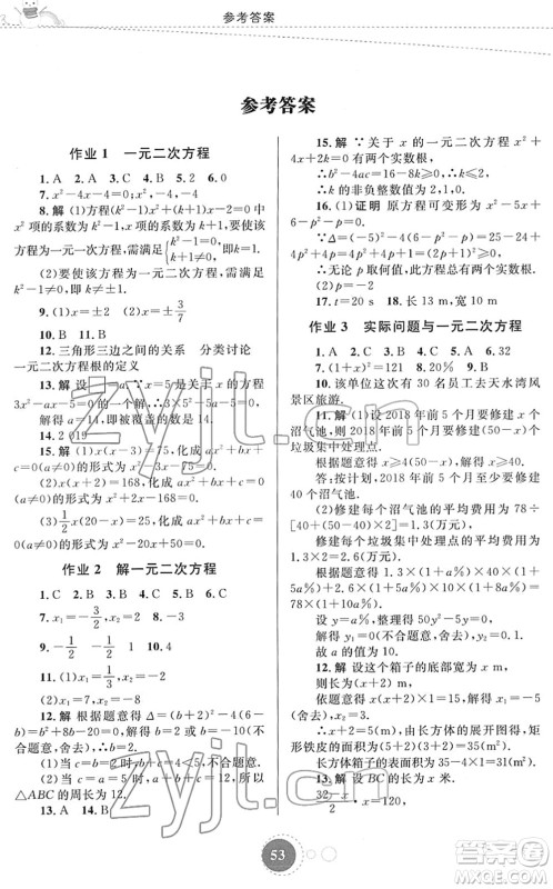 内蒙古教育出版社2022寒假作业九年级数学通用版答案