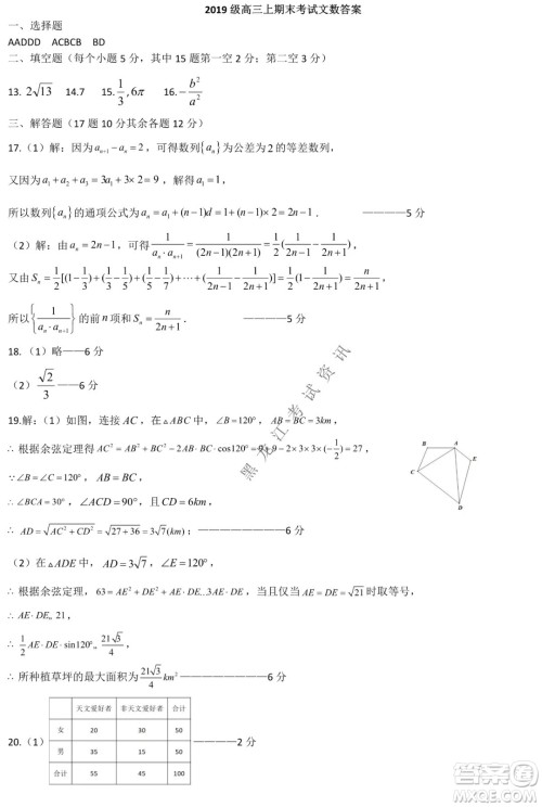 哈尔滨市第六中学2019级上学期期末考试高三文数试题及答案