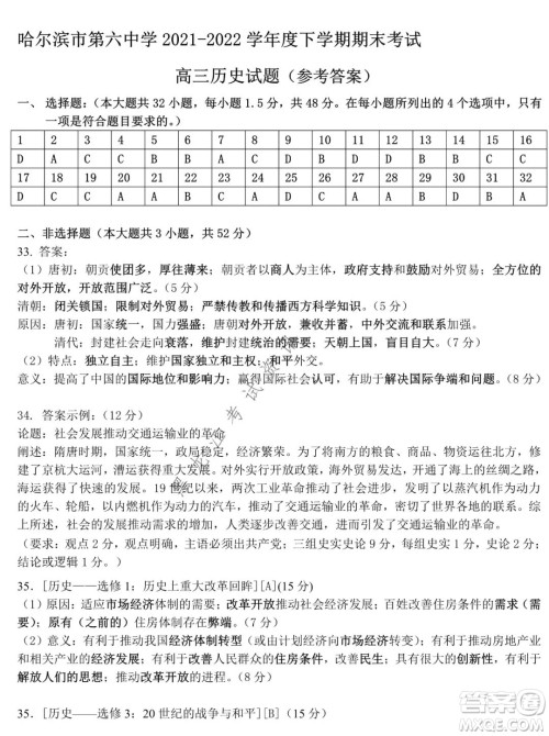 哈尔滨市第六中学2019级上学期期末考试高三历史试题及答案