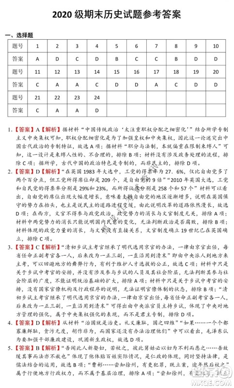 铁人中学2020级高二学年上学期期末考试历史试题及答案